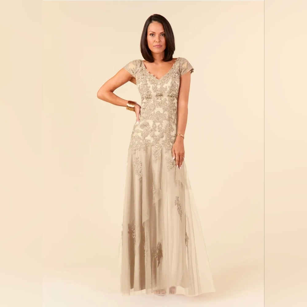 Azazie Champagne Beaded Maxi Dress